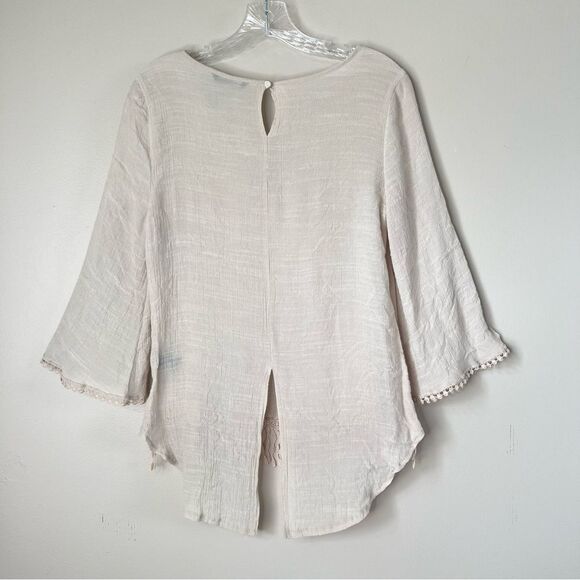 Unique Spectrum Boho Lightweight Crocheted Fringe 3/4 Sleeve Blouse - Picture 2 of 12
